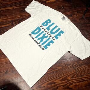 Oneita XL 90s Retro Graphic T Shirt Beige Blue Classic Fit Cotton